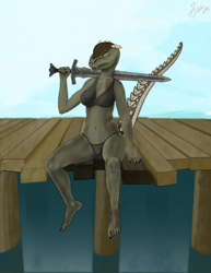 Size: 2550x3300 | Tagged: safe, artist:spe, deeja (skyrim), argonian, fictional species, reptile, anthro, plantigrade anthro, the elder scrolls, the elder scrolls v: skyrim, barefoot, bikini, chainmail bikini, clothes, dock, feet, female, green scales, high res, horns, human feet, long tail, outdoors, scales, sitting, solo, solo female, swimsuit, sword, tail, toes, tsundere, water, weapon