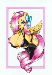 Size: 2395x3417 | Tagged: suggestive, artist:longinius, fluttershy (mlp), equine, fictional species, mammal, pegasus, pony, anthro, friendship is magic, hasbro, my little pony, anthrofied, areola, areola slip, bra, breasts, chibi, clothes, female, hair, hair over one eye, high res, huge breasts, legwear, lingerie, nipple outline, panties, solo, solo female, stockings, traditional art, underwear, wings