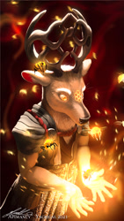 Size: 1080x1920 | Tagged: safe, artist:yacrical, arthropod, bee, cervid, deer, insect, mammal, anthro, antlers, magic, male, solo, solo male