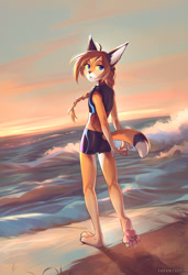 Size: 1024x1500 | Tagged: safe, artist:hihikori, canine, fox, mammal, anthro, beach, braid, brown eyes, butt pose, day, detailed background, eyebrows, eyelashes, femboy, hair, male, outdoors, pose, seaside, shoreline, sky, solo, solo male, water