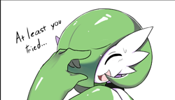 Size: 652x373 | Tagged: safe, artist:ashraely_, oc, oc:airalin, fictional species, gardevoir, humanoid, nintendo, pokémon, 2021, dialogue, digital art, explicit source, eyes closed, female, hair, looking at you, low res, one eye closed, open mouth, open smile, simple background, smiling, smiling at you, solo, solo female, talking, talking to viewer, text, tongue