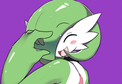Size: 779x539 | Tagged: safe, alternate version, artist:ashraely_, oc, oc:airalin, fictional species, gardevoir, humanoid, nintendo, pokémon, 2021, cute, digital art, eyes closed, female, hair, kawaii, looking at you, one eye closed, open mouth, open smile, simple background, smiling, smiling at you, solo, solo female, tongue