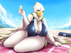 Size: 1319x980 | Tagged: safe, artist:mleonheart, celia (animal crossing), bird, bird of prey, eagle, anthro, animal crossing, nintendo, 2021, alcohol, beach, beak, big breasts, blanket, blushing, breasts, clothes, cloud, digital art, drink, feathered wings, feathers, female, fur, ocean, one-piece swimsuit, pose, sand, sky, solo, solo female, swimsuit, tail, thighs, water, wide hips, wings