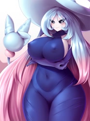 Size: 980x1319 | Tagged: suggestive, artist:mleonheart, fictional species, hatterene, anthro, humanoid, nintendo, pokémon, 2021, big breasts, blushing, breasts, clothes, digital art, dress, evening gloves, female, gloves, hair, hat, long gloves, looking at you, nipple outline, simple background, solo, solo female, tail, thighs, wide hips