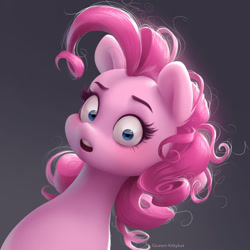 Size: 1280x1280 | Tagged: safe, artist:queen-kittykat, pinkie pie (mlp), earth pony, equine, fictional species, mammal, pony, feral, friendship is magic, hasbro, my little pony, 2019, blue eyes, digital art, eyebrows, eyelashes, female, fur, gradient background, hair, mane, open mouth, pink body, pink fur, pink hair, pink mane, solo, solo female, teeth