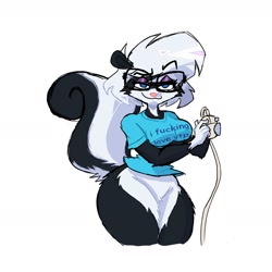 Size: 2400x2400 | Tagged: safe, artist:unlimited edge, oc, oc only, oc:sabrina (sabrina-online), mammal, skunk, anthro, 2021, :3, big tail, blue eyes, bottomless, breasts, clothes, computer mouse, eyelashes, eyeshadow, featureless crotch, female, fluff, glasses, high res, lidded eyes, makeup, nudity, partial nudity, pink nose, pubic fluff, shirt, simple background, smiling, solo, solo female, t-shirt, tail, text, text on clothing, text on shirt, thick thighs, thighs, topwear, white background, wide hips