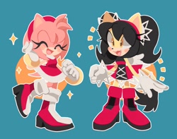 Size: 1024x805 | Tagged: safe, artist:nulllspace, amy rose (sonic), honey the cat (sonic), cat, feline, hedgehog, mammal, anthro, sega, sonic the hedgehog (series), 2021, black hair, blue background, blush sticker, boots, clothes, cute, cute little fangs, dress, duo, duo female, eyes closed, fangs, female, females only, gloves, hair, long eyelashes, shoes, short tail, simple background, smiling, tail, teeth, white gloves