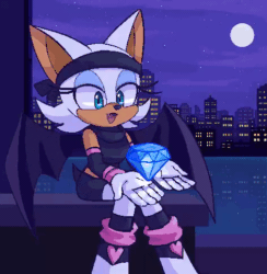 Size: 472x484 | Tagged: safe, artist:biko, rouge the bat (sonic), bat, mammal, anthro, sega, sonic the hedgehog (series), 2021, animated, bat wings, black nose, blinking, chaos emerald, cityscape, clothes, female, full moon, gif, gloves, headband, long eyelashes, loop, low res, midriff peek, moon, night, open mouth, pixel animation, pixel art, shoes, sitting, solo, solo female, webbed wings, white gloves, wings