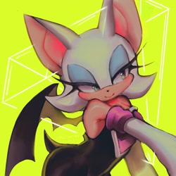 Size: 2048x2048 | Tagged: safe, artist:spacecolonie, rouge the bat (sonic), bat, mammal, anthro, sega, sonic the hedgehog (series), 2021, abstract background, bat wings, clothes, evening gloves, eyeshadow, female, gloves, green eyes, high res, long eyelashes, long gloves, makeup, short tail, smiling, solo, solo female, tail, webbed wings, wings