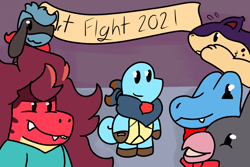 Size: 3000x2000 | Tagged: safe, artist:kanethedile, oc, oc:blitz (gyro), bird, chatot, crocodilian, dragon, fictional species, mammal, mustelid, quilava, reptile, riolu, squirtle, totodile, turtle, feral, nintendo, pokémon, blue eyes, fire, fur, group, high res, male, mottled body, mottled fur, multicolored fur, paws, purple body, purple fur, starter pokémon, tan body, tan fur