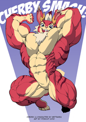 Size: 842x1191 | Tagged: suggestive, artist:pokkuti, oc, oc only, fictional species, jackalope, lagomorph, mammal, anthro, digitigrade anthro, 2021, abs, antlers, belly button, biceps, chest hair, commission, digital art, ears, featureless crotch, fluff, fur, hair, looking at you, male, muscles, muscular male, nudity, pecs, simple background, solo, solo male, tail, thighs