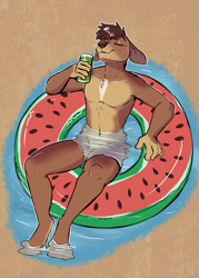 Size: 857x1200 | Tagged: safe, artist:rika, canine, dog, mammal, anthro, 2021, bottomwear, brown hair, clothes, digital art, drink, eyes closed, fur, hair, inner tube, male, nudity, partially submerged, pool toy, shorts, soda, solo, solo male, tan body, tan fur, top view, water, whiskers