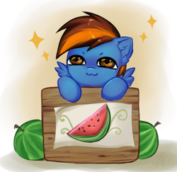 Size: 1856x1807 | Tagged: safe, artist:megabait, oc, oc only, equine, fictional species, mammal, pegasus, pony, feral, friendship is magic, hasbro, my little pony, box, cute, food, fruit, picture, solo, stars, watermelon, watermelon piece