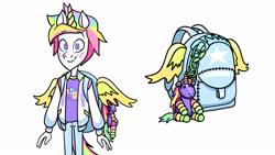 Size: 2800x1575 | Tagged: safe, artist:victoria petrova, light (teen-z), animal humanoid, equine, fictional species, mammal, pony, unicorn, humanoid, teen-z, backpack, clothes, freckles, hair, horn, male, plushie, rainbow hair, shirt, solo, solo male, tail, topwear, wings