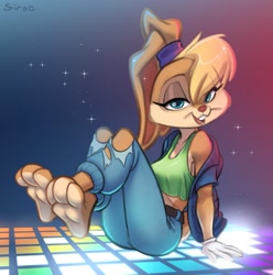 Size: 2712x2739 | Tagged: safe, artist:siroc, lola bunny (looney tunes), lagomorph, mammal, rabbit, anthro, looney tunes, warner brothers, alternate outfit, blue eyes, breasts, clothes, crop top, feet, female, high res, jacket, jeans, looking at you, midriff, open mouth, pants, sitting, solo, solo female, tank top, teal eyes, topwear, torn clothes