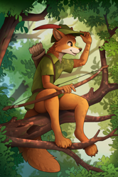 Size: 1600x2408 | Tagged: safe, artist:yakovlev-vad, robin hood (robin hood), canine, fox, mammal, red fox, anthro, disney, robin hood (disney), 2021, 2d, arrow, black nose, bottomless, bow (weapon), brown nose, claws, clothes, cream body, cream fur, ear fluff, feather, feather in hat, fluff, fur, hair, hat, leaf, male, multicolored fur, nudity, open mouth, open smile, orange body, orange eyes, orange fur, partial nudity, paws, plant, sitting, smiling, solo, solo male, tail, tail fluff, thighs, tree, two toned body, two toned fur, weapon