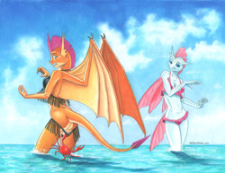 Size: 1400x1078 | Tagged: suggestive, artist:baron engel, ocellus (mlp), smolder (mlp), arthropod, changedling, changeling, crab, crustacean, dragon, equine, fictional species, western dragon, anthro, friendship is magic, hasbro, my little pony, anthrofied, assisted exposure, bikini, breasts, butt, clothes, colored, dragoness, duo, duo female, female, females only, insect wings, lizard breasts, ocean, open mouth, outdoors, pencil drawing, shocked, swimsuit, traditional art, water, webbed wings, wings