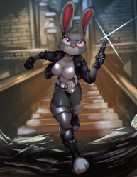 Size: 989x1280 | Tagged: safe, artist:nauyaco, judy hopps (zootopia), lagomorph, mammal, rabbit, anthro, digitigrade anthro, disney, zootopia, 2021, breasts, clothes, commission, digital art, ears, female, fur, ghost in the shell, gun, handgun, jacket, pink nose, solo, solo female, suit, tail, thighs, topwear, weapon, wide hips