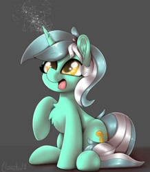 Size: 1744x2000 | Tagged: safe, artist:llametsul, lyra heartstrings (mlp), equine, fictional species, mammal, pony, unicorn, feral, friendship is magic, hasbro, my little pony, 2021, chest fluff, female, fluff, hooves, magic, natg 2021, open mouth, signature, simple background, solo, solo female