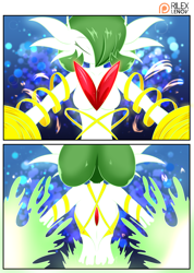 Size: 1500x2112 | Tagged: safe, artist:rilexlenov, fictional species, gardevoir, humanoid, nintendo, pokémon, 2017, breasts, comic, digital art, eyelashes, eyes closed, female, front view, hair, one eye closed, rear view, solo, solo female, transformation