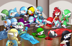 Size: 2250x1427 | Tagged: safe, artist:rilexlenov, fictional species, gardevoir, shiny pokémon, humanoid, nintendo, pokémon, 2017, blanket, book, cake, candy, couch, digital art, drink, eating, eyelashes, eyes closed, female, females only, food, hair, hot chocolate, lying down, marker, noodles, one eye closed, open mouth, plushie, popcorn, ramen, reading, sleeping, sleepover, table