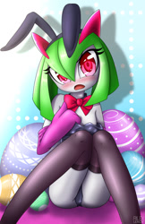 Size: 777x1200 | Tagged: suggestive, artist:rilexlenov, oc, oc:carol (rilexlenov), fictional species, kirlia, humanoid, nintendo, pokémon, 2017, adorasexy, blushing, bunny ears, bunny suit, butt, clothes, cute, digital art, eyelashes, female, hair, legwear, looking at you, open mouth, pillow, pose, sexy, solo, solo female, stockings, tongue, underass