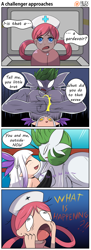 Size: 1500x4102 | Tagged: safe, artist:rilexlenov, fictional species, gardevoir, human, mammal, humanoid, nintendo, pokémon, 2017, biceps, clothes, comic, dialogue, digital art, ears, eyelashes, female, group, hair, looking at each other, monster girl, muscles, muscular female, open mouth, speech bubble, talking, tears, text, tongue, trio