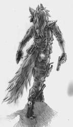 Size: 738x1280 | Tagged: safe, artist:a_inc, oc, oc only, oc:lustfoxy (a_inc), canine, fox, mammal, anthro, 2015, clothes, female, gloves, grayscale, gun, hair, military, monochrome, rear view, simple background, solo, solo female, tail, traditional art, walking, weapon, white background