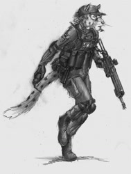 Size: 967x1280 | Tagged: safe, artist:a_inc, cheetah, feline, mammal, anthro, 2015, body armor, boots, clothes, fluff, furgonomics, grayscale, gun, hand hold, hat, holding, male, monochrome, police uniform, shoes, side view, solo, solo male, swat, tail, traditional art, uniform, walking, weapon