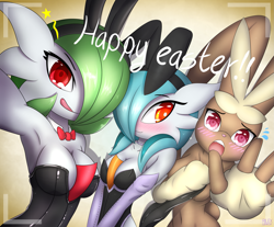 Size: 1995x1648 | Tagged: suggestive, artist:rilexlenov, fictional species, gardevoir, lopunny, mammal, shiny pokémon, anthro, humanoid, nintendo, pokémon, 2017, blushing, breasts, bunny ears, bunny suit, clothes, covering breasts, digital art, ears, embarrassed, embarrassed nude exposure, evening gloves, eyelashes, female, females only, fur, gloves, hair, licking, licking lips, long gloves, nudity, open mouth, pose, screaming, tail, tongue, tongue out, trio, trio female