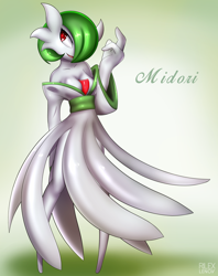 Size: 1270x1600 | Tagged: safe, artist:rilexlenov, fictional species, gardevoir, humanoid, nintendo, pokémon, 2017, breasts, clothes, digital art, dress, eyelashes, female, hair, looking at you, looking back, open mouth, simple background, solo, solo female, tongue