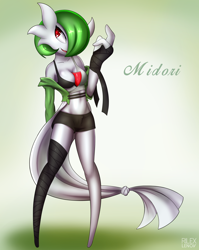 Size: 3176x4000 | Tagged: safe, alternate version, artist:rilexlenov, fictional species, gardevoir, humanoid, nintendo, pokémon, 2017, belly button, bikini, bikini top, bottomwear, breasts, clothes, digital art, eyelashes, female, hair, legwear, looking at you, looking back, open mouth, shorts, simple background, solo, solo female, stockings, swimsuit, tongue