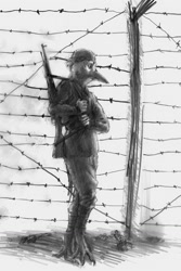 Size: 856x1280 | Tagged: safe, artist:a_inc, bird, woodpecker, anthro, 2015, barbed wire, bird feet, fence, grayscale, gun, helmet, male, monochrome, rifle, soldier, solo, solo male, soviet, standing, traditional art, weapon