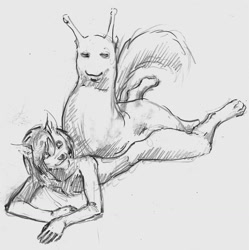 Size: 1277x1280 | Tagged: suggestive, artist:a_inc, mollusk, slug, anthro, feral, 2015, ambiguous gender, antennae, duo, grayscale, hair, lying down, monochrome, nudity, prone, size difference, tail, traditional art