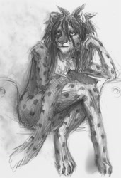 Size: 876x1280 | Tagged: safe, artist:a_inc, oc, oc:a_inc, cheetah, feline, mammal, anthro, digitigrade anthro, 2015, complete nudity, fur, grayscale, hair, long hair, monochrome, nudity, paws, sitting, spotted fur, tail, traditional art