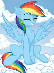Size: 2446x3300 | Tagged: safe, artist:megabait, rainbow dash (mlp), equine, fictional species, mammal, pegasus, pony, feral, friendship is magic, hasbro, my little pony, cloud, cute, eyes closed, female, high res, sitting, sky, smiling, solo, solo female, spread wings, wings