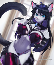 Size: 1014x1200 | Tagged: suggestive, artist:charmerpie, oc, oc only, cat, feline, mammal, anthro, 2021, belly button, big breasts, black body, black fur, black hair, blue eyes, blue pupils, bra, breasts, cleavage, clothes, collar, colored pupils, commission, ear fluff, eyebrow through hair, eyebrows, eyelashes, female, fluff, fur, hair, indoors, latex, latex bra, latex panties, latex stockings, legwear, long hair, looking at you, multicolored fur, panties, shoulder fluff, smiling, smiling at you, solo, solo female, stockings, tail, tail fluff, thick thighs, thighs, two toned body, two toned fur, underwear, white body, white fur, wide hips, ych result