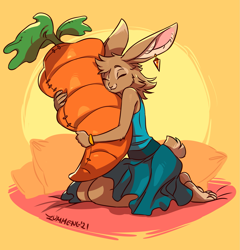 Size: 1533x1600 | Tagged: safe, artist:zummeng, lagomorph, mammal, rabbit, anthro, barefoot, carrot, clothes, dress, feet, female, food, hug, pillow, soles, solo, solo female, toes, vegetables