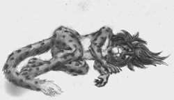 Size: 1280x739 | Tagged: safe, artist:a_inc, oc, oc:a_inc, cheetah, feline, mammal, anthro, digitigrade anthro, 2015, complete nudity, depressed, fur, grayscale, hair, long hair, lying down, male, monochrome, nudity, on side, sad, solo, solo male, spotted fur, tail, traditional art