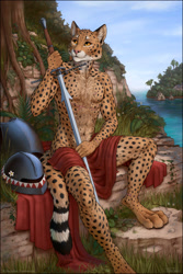 Size: 1080x1620 | Tagged: safe, artist:titus weiss, oc, oc:enorach, cheetah, feline, mammal, anthro, digitigrade anthro, armor, ears, featured image, fur, helmet, male, nature, outdoors, plant, scar, solo, solo male, spotted fur, sword, tail, tan body, tan fur, water, weapon