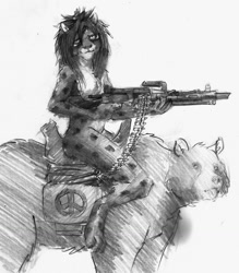 Size: 1122x1280 | Tagged: safe, artist:a_inc, oc, oc:a_inc, cheetah, feline, mammal, anthro, digitigrade anthro, feral, 2015, ambiguous gender, complete nudity, duo, gesture, grayscale, gun, hair, hand hold, holding, long hair, looking at you, monochrome, nudity, paws, peace sign, riding, riding on back, saddle, saddle bag, traditional art, weapon