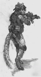 Size: 690x1280 | Tagged: safe, artist:a_inc, cheetah, feline, mammal, anthro, digitigrade anthro, 2015, body armor, clothes, grayscale, gun, monochrome, police, police uniform, rear view, rifle, standing, swat, tail, traditional art, weapon