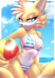 Size: 1447x2048 | Tagged: safe, artist:pikative, miles "tails" prower (sonic), canine, fox, mammal, red fox, anthro, sega, sonic the hedgehog (series), 2021, ball, beach, belly button, big breasts, bikini, black nose, blue eyes, breasts, cleavage, clothes, ears, eyelashes, female, fur, hair, looking at you, mila "tails" prower, multicolored fur, multiple tails, ocean, rule 63, smiling, smiling at you, solo, solo female, swimsuit, tail, tailsko, thighs, two tails, two toned body, two toned fur, vixen, water, white body, white fur, yellow body, yellow fur