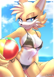 Size: 1447x2048 | Tagged: safe, alternate version, artist:pikative, miles "tails" prower (sonic), canine, fox, mammal, red fox, anthro, sega, sonic the hedgehog (series), 2021, ball, beach, belly button, big breasts, bikini, black nose, blue eyes, breasts, cleavage, clothes, ears, eyelashes, female, fur, hair, looking at you, mila "tails" prower, multicolored fur, multiple tails, ocean, rule 63, smiling, smiling at you, solo, solo female, swimsuit, tail, tailsko, thighs, two tails, two toned body, two toned fur, vixen, water, white body, white fur, yellow body, yellow fur