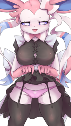 Size: 900x1600 | Tagged: suggestive, artist:ehada, eeveelution, fictional species, mammal, sylveon, anthro, nintendo, pokémon, 2021, 9:16, adorasexy, bedroom eyes, big breasts, black nose, blushing, breasts, cameltoe, clothes, clothing lift, colored sclera, cute, ear fluff, female, fluff, fur, gloves (arm marking), legwear, looking at you, maid outfit, multicolored fur, open mouth, open smile, panties, pink body, pink fur, presenting, purple sclera, sexy, smiling, smiling at you, solo, solo female, thick thighs, thigh highs, thighs, tongue, underwear, white body, white eyes, white fur
