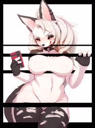 Size: 2010x2713 | Tagged: suggestive, alternate version, artist:binglebingle7, loona (vivzmind), canine, fictional species, hellhound, mammal, anthro, hazbin hotel, helluva boss, 2019, big breasts, black nose, black sclera, breasts, cell phone, cleavage fluff, clothes, collar, colored sclera, ear fluff, ear piercing, earring, eyebrow piercing, eyebrows, eyelashes, eyeshadow, featureless breasts, female, fingerless gloves, fluff, fur, gloves, gray body, gray fur, hair, high res, legwear, licking, licking lips, long hair, looking at you, makeup, multicolored fur, phone, piercing, red eyes, red sclera, shoulder fluff, smartphone, smiling, smiling at you, solo, solo female, spiked collar, tail, tail fluff, thick thighs, thigh highs, thighs, tongue, tongue out, torn clothes, white body, white eyes, white fur, white hair