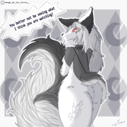 Size: 2500x2500 | Tagged: suggestive, artist:corarazon159lolx, loona (vivzmind), canine, fictional species, hellhound, mammal, anthro, hazbin hotel, helluva boss, 2021, arm fluff, big butt, bikini, black nose, blushing, breasts, butt, clothes, collar, dialogue, ear fluff, eyeshadow, female, fluff, fur, gray body, gray fur, gritted teeth, hair, high res, long hair, looking at you, looking back, looking back at you, makeup, multicolored fur, shoulder fluff, sideboob, sling bikini, solo, solo female, speech bubble, spiked collar, swimsuit, tail, tail fluff, talking, talking to viewer, tears, teeth, thick thighs, thighs, white body, white fur, white hair