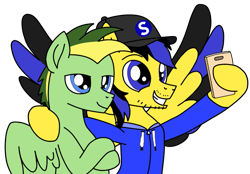 Size: 1013x705 | Tagged: safe, artist:didgereethebrony, oc, oc only, oc:didgeree, oc:ponyseb 2.0, equine, fictional species, mammal, pegasus, pony, feral, hasbro, my little pony, trace, base used, cell phone, didgeseb (brothers), duo, male, phone, selfie, simple background, smiling, transparent background