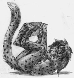 Size: 1214x1280 | Tagged: safe, artist:a_inc, oc, oc:a_inc, cheetah, feline, mammal, anthro, digitigrade anthro, 2015, book, complete nudity, fur, grayscale, hair, hand hold, holding, leg hold, long hair, lying down, male, monochrome, nudity, on back, paws, reading, side view, simple background, solo, solo male, spotted fur, tail, traditional art, whiskers, white background