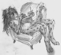 Size: 800x712 | Tagged: safe, artist:a_inc, oc, oc:a_inc, cheetah, feline, mammal, anthro, digitigrade anthro, 2015, chair, complete nudity, eating, food, grayscale, hair, hand hold, holding, long hair, lying down, male, monochrome, nudity, on back, pancakes, paws, plate, simple background, solo, solo male, tail, traditional art, white background